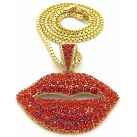 GWOOD Kissing Lips with Red Crystal Rhinestones 24 inch Necklace Gold Color