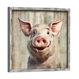 Framed Pig Wall Art Bedroom: Rustic Farm Animal Wooden Painting Print Decor Funny Piggy Head Portrait Artwork Picture for Farmhouse Kids Room Nursery Home