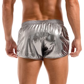 Amy Coulee Mens Metallic Shorts Rave Shiny Hot Pants Sparkly Sexy Boxer Shorts with Pockets (Gray, L)