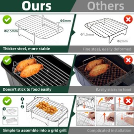 Hot Air Fryer Accessories Stackable, Grill Grate #304 Stainless Steel, Airfryer Accessories for Dual Zone 7.6L - 10L, Compatible with Ninja, Cosori, Russell Hobbs, Other Double Chamber Airfryer (Set