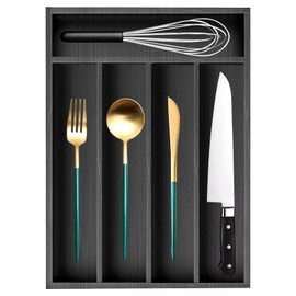 Ayiaren Small Wooden Silverware Organizer Kitchen Utensil Drawer Organizers Narrow Cutlery Tray Black Wood Flatware Organizer for Drawers Spoon and Fork Organizers Bamboo Utensil Holder Drawer Tray