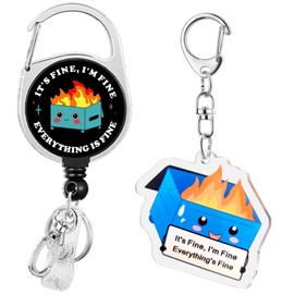 Dumpster on Fire Funny Retractable Badge Reel with Claw Clasp Swivel Alligator Clip Id Card Badge Holders & Keychain for Teacher Nurse Cruise Wallet Office Gifts I'm Fine Acrylic Keychain Blue