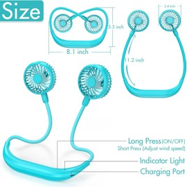 KITWLEMEN Tragbare Ventilator Halsventilator 2600mAh Wiederaufladbarer Nackenventilator mit 3 Geschwindigkeiten USB Ventilator für Outdoor Reisen Garten Arbeit Zuhaus