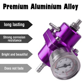 BARTOO Universal Adjustable Fuel Pressure Regulator Kit, Aluminum Fuel Regulator, Adjustable Gas Oil Injection Pressure Regulator with 0-140 PSI Gauge -Purple