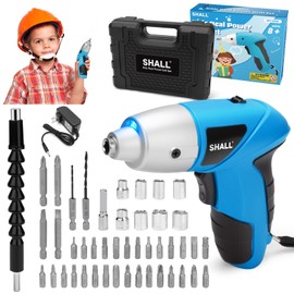 SHALL 47-Piece Kids Real Cordless Power Drill Set, Safety Certified Electric Screwdriver W/Screwdriver Drill Bits, Socket, Flexible Shaft, Carrying Case, DIY Construction Tool Kit for Children Age 8+
