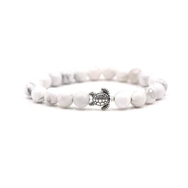 8mm Sea Turtles Beads Bracelet Natutal Stone Gemstone Bracelet Healing Crystal Bracelets Elastic Stretch Bracelet for Women Men-White Marble