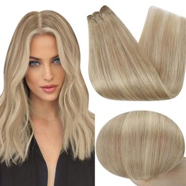 Full Shine Sew in Hair Extensions Real Human Hair 100G 14 Inch Blonde Weft Hair Extensions Human Hair Color 16 Golden Blonde Highlight 22 Light Blonde Weave Weft Hair Extensions Remy Brazilian Hair