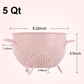 Metal Colander 5 Quart Powder Coated Self-draining Metal Strainer with Base,Kitchen Pasta Fruit Vegetable Basket with Double Handles (Pink)