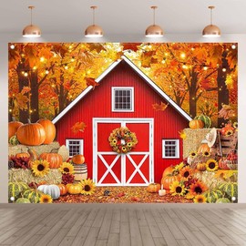 YCUCUEI 7x5ft Fall Red Barn Backdrop Autumn Forest Maple Leaves Pumpkin Sunflower Farm Harvest Photography Background Thanksgiving Party Decorations Photo Banner Booth