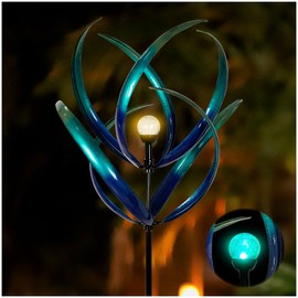 Lariander Outdoor Wind Spinners with Solar Light, 82'' Metal Large Spinner Yard Art, Peacock Blue Wind Sculptures for Garden Lawn Patio, Gifts for Family