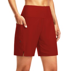 Women's 7" Long Swim Board Shorts High Waisted Quick Dry Beach Swimming Shorts for Women with Liner Pockets(Red,L)