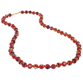 Glass Of Venice Murano Glass Necklace Longer Length 24-Inch Plus Extender - Italian Red Mosaic Lampwork Beads - Handmade Blown Glass Necklace for Women