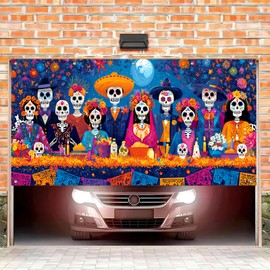 HOMETITUTE Dia de Los Muertos Sugar Skull Garage Door Banner 13x6ft Vibrant Papel Picado Marigold Ofrenda Photo Background Festive Party Decorations Outdoor Indoor Mural Decorations Celebration Decor