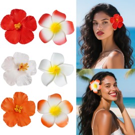 6 Pcs Hawaiian Flower Hair Clips for Women, Plumeria Hibiscus Hair Clip Artificial Flower Clips 3.5 Inch Floral Hair Barrettes for Summer Vacation Beach Party Girls Holiday Gifts (White, Red, Orange)