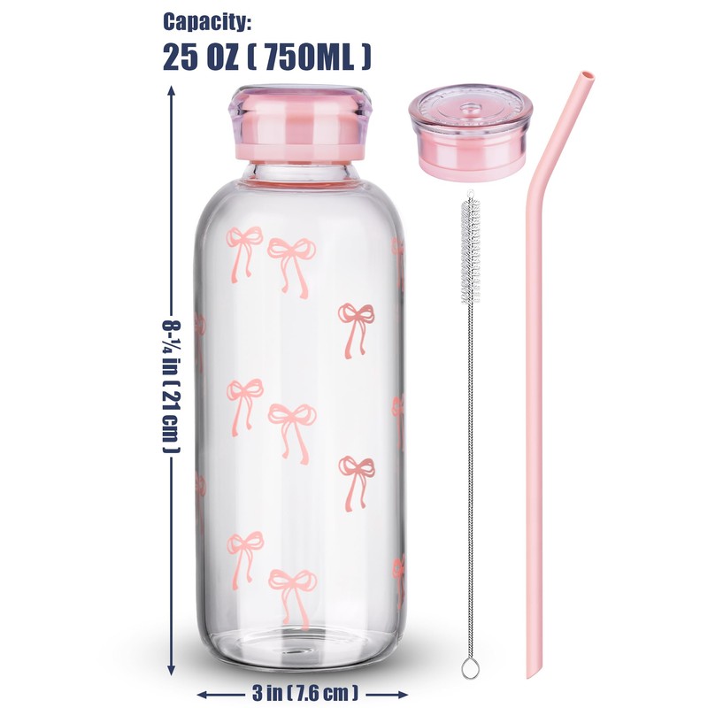 NiHome 25oz/750ml Pink Bow Glass Water Bottle with Silicone Straw,