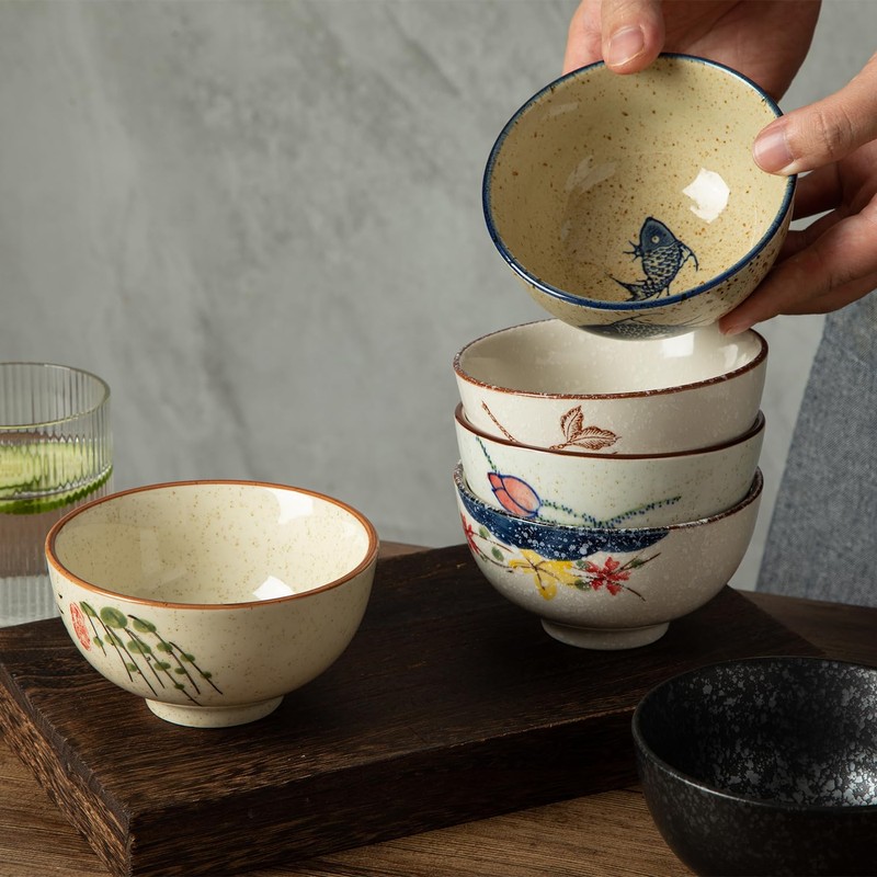 yaenoei 6 Pack Retro Ceramic Bowls, Hand-painted 4.5 Inch Japanese