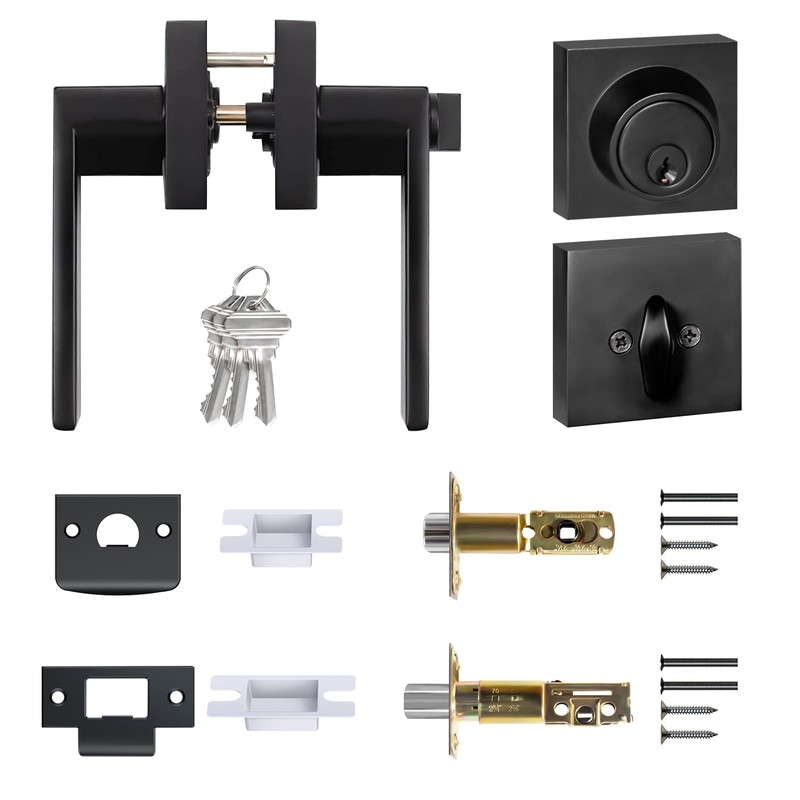 Square Exterior Door Handle with Deadbolt, Matte Black Entry Door