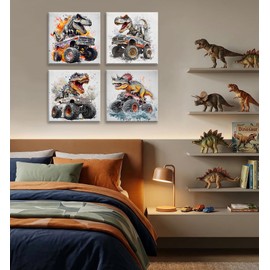 Namoset Dinosaur Truck Wall Art for Boys Room, Kids Room Decor, 12x12 In