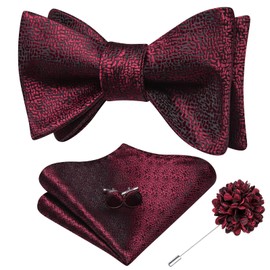 Hi-Tie Burgundy Self-tie Bow Ties with Lapel Pin Silk Solid Formal Bow Ties Pocket Square Cufflinks Sets for Wedding Tuxedo