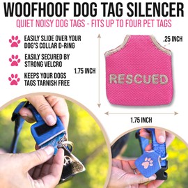 Woofhoof’s Dog Tag Silencer, Quiets Dog ID Tags, for Dogs and Cats, Pink Rescued, 1.75 x 1.75 x .75