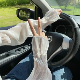 [AICHENS] Women's See-Through Arm Cover with Bowknot, White/Pink, Fingerless Gloves, BX002-White, Free size