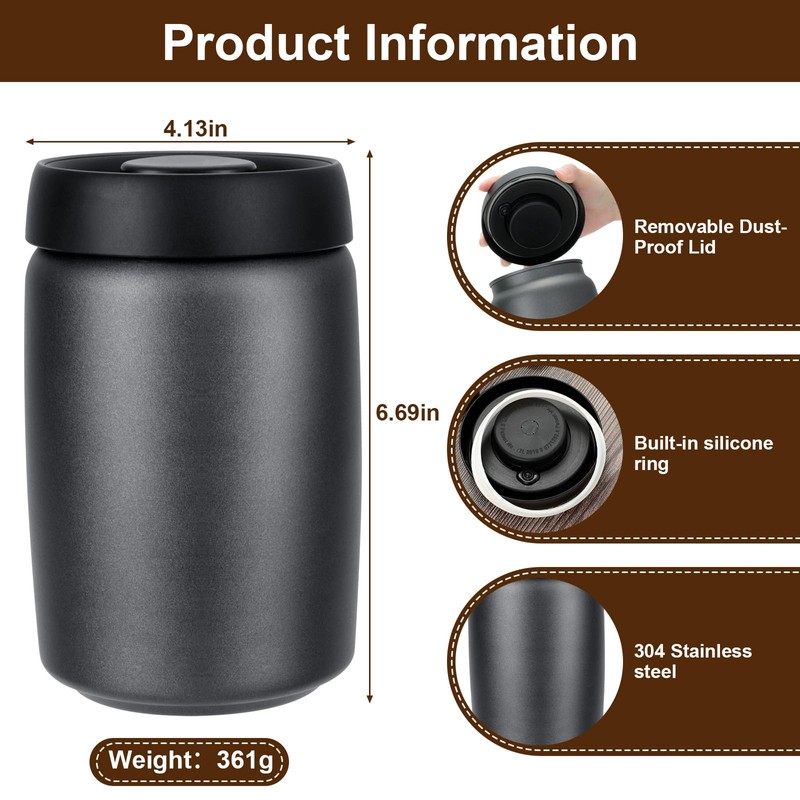 VINATO 1.2 L Stainless Steel Coffee Canister Vacuum Container for