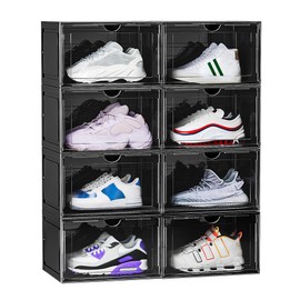 OMOPIN 8 Pack XL Shoe Storage Box Organizer,Drop Side Large Shoe Boxes Clear Plastic Stackable Container,Magnetic Sneaker Display Case, Fit up to US 13（13.4”x 10.6”x 8.3”(8 Pack Black)
