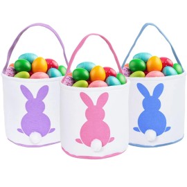 Jugntyac 3 Pcs Easter Bunny Basket Bags for Kids - Canvas Cotton Carrying Gift and Egg...
