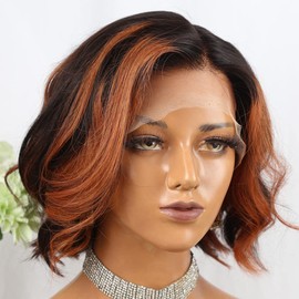 Highlight Ginger Bob Wig Human Hair 13x4x1 T Part Lace Front Wigs Human Hair Colored 150% Density Wavy Bob Human Hair Wigs for Black Women 12inch