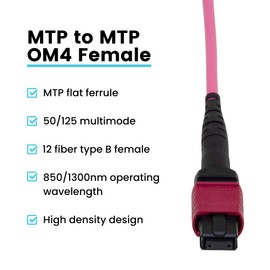 trueCABLE MTP/MPO Elite OM4 MM 12F Unpinned (F) Type B Polarity Plenum (OFNP) LOMMF UL Listed Fiber Patch Cable, 20m (65.61ft), 1pc