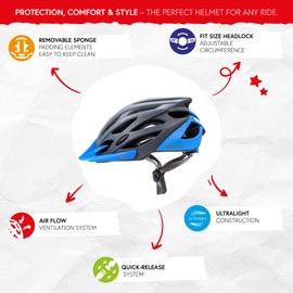 Meteor - Marven Cycle Helmet – Lightweight Adjustable Helmet for Men, Women, Kids – MTB, Bike, Scooter, Skateboard & Hoverboard – Breathable with Detachable Visor - Size L - Grey/Blue