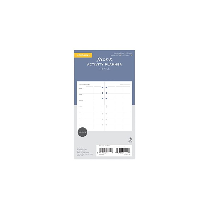 Filofax Personal Organiser Activity Planner Refill, White