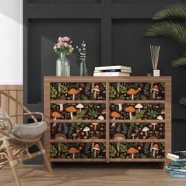 Mushroom Wallpaper Peel and Stick, Dark Boho Contact Paper 17.5" x 118", Vintage Floral Wall Paper Self Adhesive Removable Waterproof for Room Shelves Cabinet Drawer Table (Black, Brown, Orange)