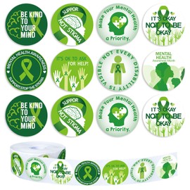 Whaline 1000 Pcs Mental Health Awareness Stickers Roll Positive Green Ribbon Self-Adhesive Sticker Decals for Students Psychology Scrapbook Journal Decor, 8 Designs