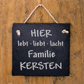 Door Sign Name Plate Engraved Slate - Hier lebt liebt lacht Familie Desired Name - Bell Sign Sign 11 x 11 cm | Dekolando