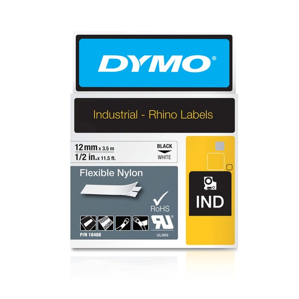 DYMO Authentic Industrial Labels for LabelWriter and Industrial Label Makers, Black on White, 1/2", 1 Roll (18488), DYMO Authentic