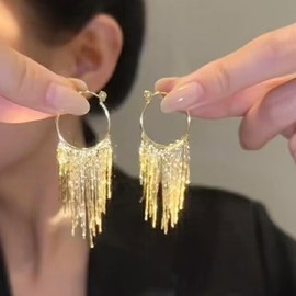 Sparkling Tassel Dangle Earrings Gold Long Tassel Earrings Minimalist Style Statement Earrings(GOLD)