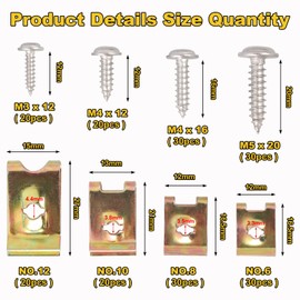 Gueenky Pack of 200 Sheet Metal Nuts, Tapping Screws, U-type Sheet Metal Nuts, Snap Nuts, Body Screws, Stainless Steel for Car Motorcycles
