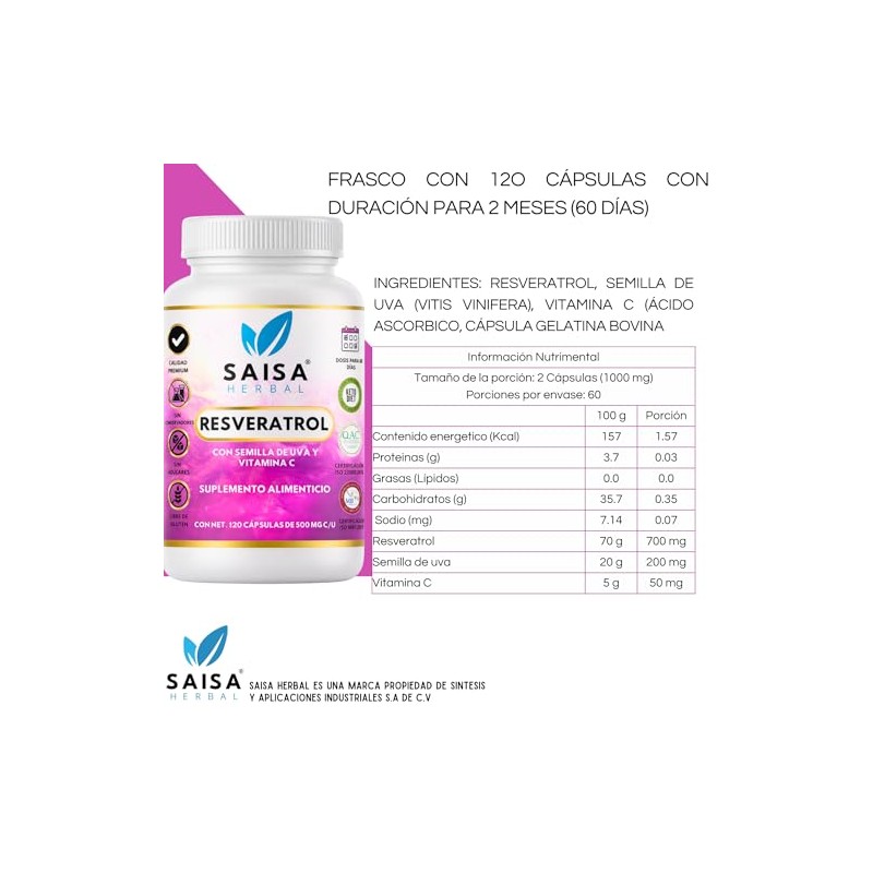 Resveratrol Semilla de uva y Vitamina C 120 cápsulas Antioxidante
