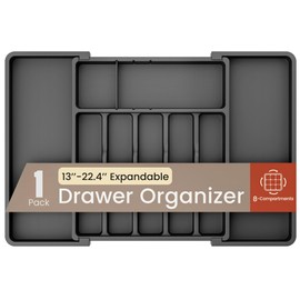 Black Expandable Utensil Drawer Organizer 1 Pack, Adjustable 13” to 22.4”, 8 Compartment Silverware Organizer for Kitchen Utensils, Spatulas, Cutlery, and Tools, Easy to Clean, Durable, and BPA-Free