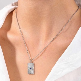 Inateannal Vintage Crystal Evil Eye Necklace Evil Eye Choker Necklace Chain Rectangle Pendant Necklace Turkish Blue Eye Necklace Jewellery for Women, Zinc, No Gemstone