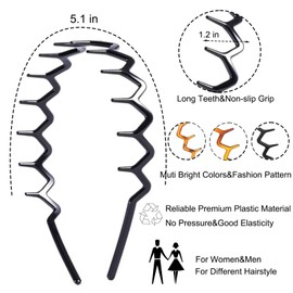 Supgoodom 6 PCS Zig Zag Headbands Plastic Wavy Hair Head Band Comb with Teeth Hoop Accessories for Women Men Girls, Classic Black&Retro Leopard