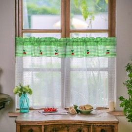 ARTMAGIC - Juego de cortinas cortas de encaje clásico para ventana, color verde a cuadros, decoración de cerezo, bordado transparente para cafetería, cortina para cocina, sala de estar, baño, recámara