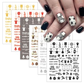 6 Sheets 3D Christmas Snowflake Nail Art Stickers Black White Red Gold Silver Santa Claus Nail Decals Bell Xmas Tree Elk Star Merry Christmas Winter Nail Design Holiday Nail Decoration for Women