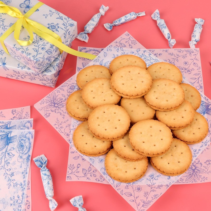 CCINEE 150Pcs Blue Floral Wax Paper Sheets for Food, Grease