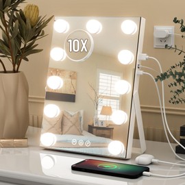AJJSSA Vanity Mirror with Lights, 11"x 14" Hollywood Lighted Makeup Mirror with Detachable 10X Magnification & 11 Dimmable 3 Colors Modes LED Bulbs, Touch Control, USB & Type-C Charging Port, White.