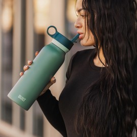 BUILT 40oz Cascade Double Wall Vacuum Insulated Stainless Steel Water Bottle with Wide Mouth Straw Lid, Sage