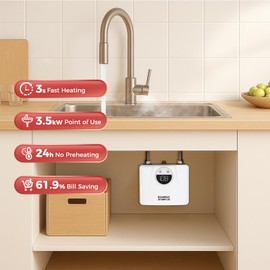 CAMPLUX Tankless Water Heater Electric 3.5kW 120V Instant Hot Water Heater ETL Certified with Self-modulating, Save Energy, Point of Use for Kitchen, Bathroom, White