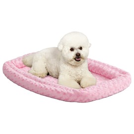 MidWest Homes for Pets Intermediate QuietTime Double Bolster Pet Bed, Pink Plush 36-Inch Crate Mat with Stacked Bolsters, Machine Wash, Secure Fit with Elastic Straps