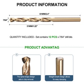 METALLIXITY Drill Bit (7/64") 12Pcs, 4241 High-Speed Steel Straight Shank Gold Finish 135° for Wood Plastic Iron Copper Aluminum Low Soft Metal